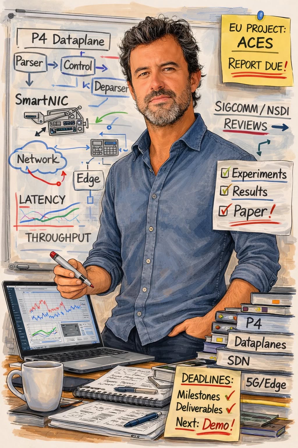 Illustration of Fernando Ramos with programmable networking research and projects
